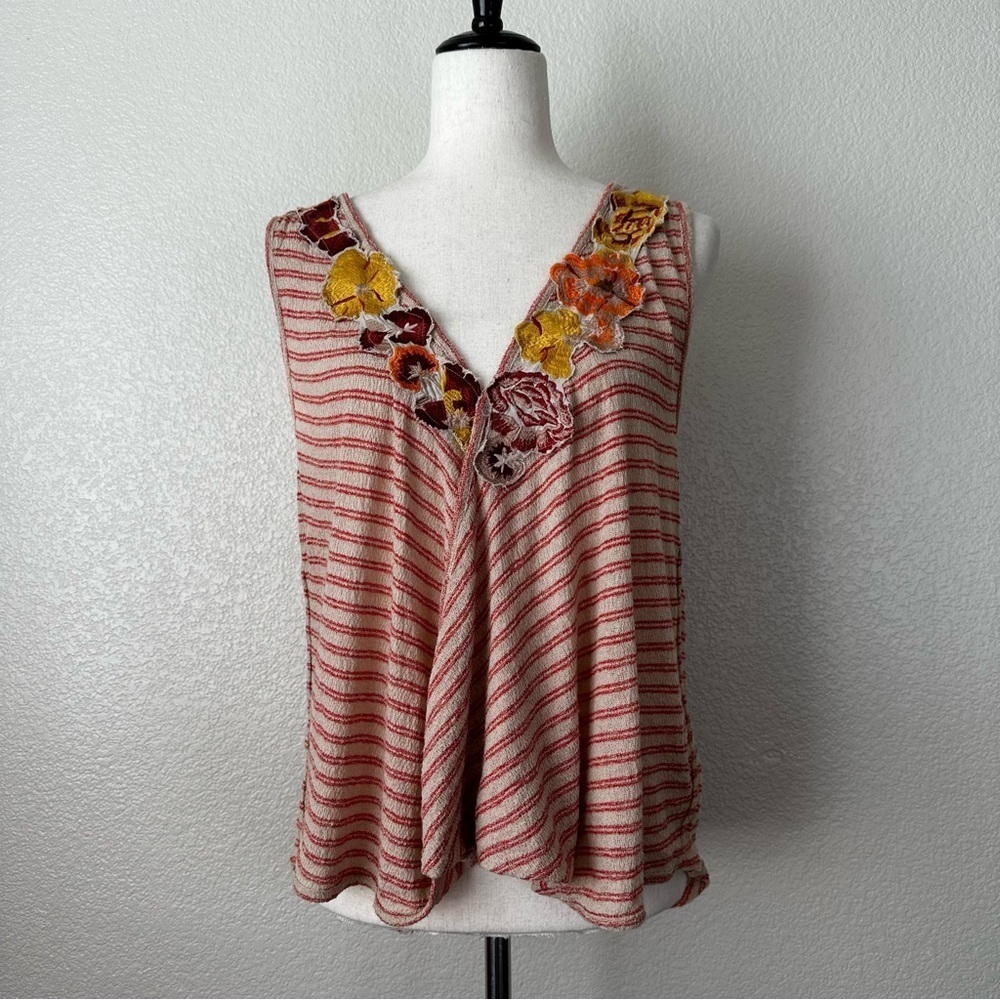 Free People Frida Floral Embroidered Striped Wrap Gauzy Knit Tank Top, Sz Medium